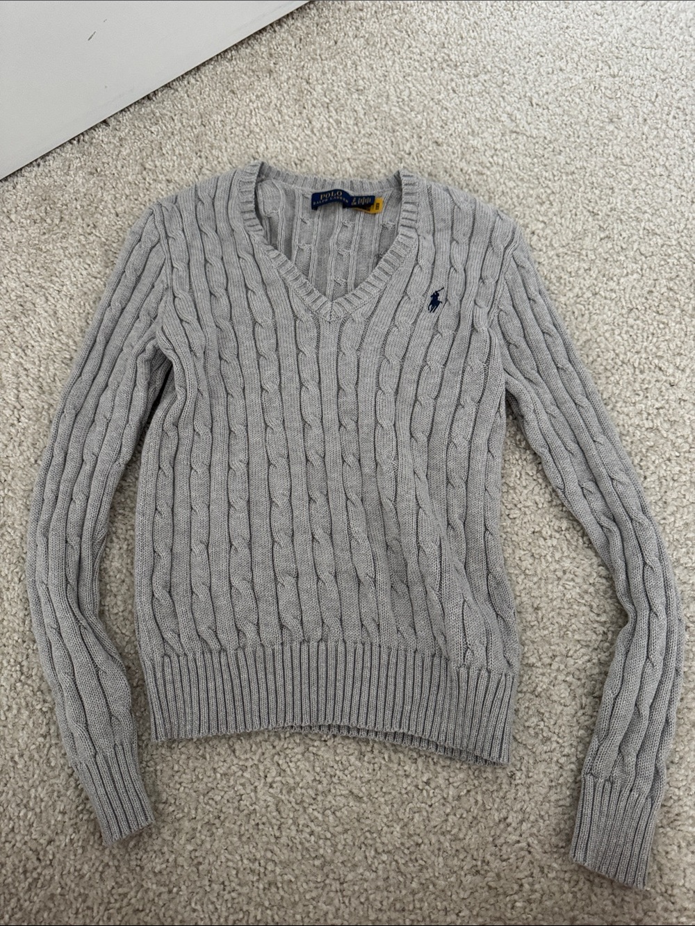 Polo by Ralph Lauren Light Gray Cable-Knit V-Neck Sweater